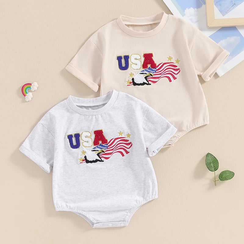 Independence Day Baby Romper with American Flag Print Round Neck Short Sleeve Bodysuit Toddler Patriotic Outfit for 4th of July