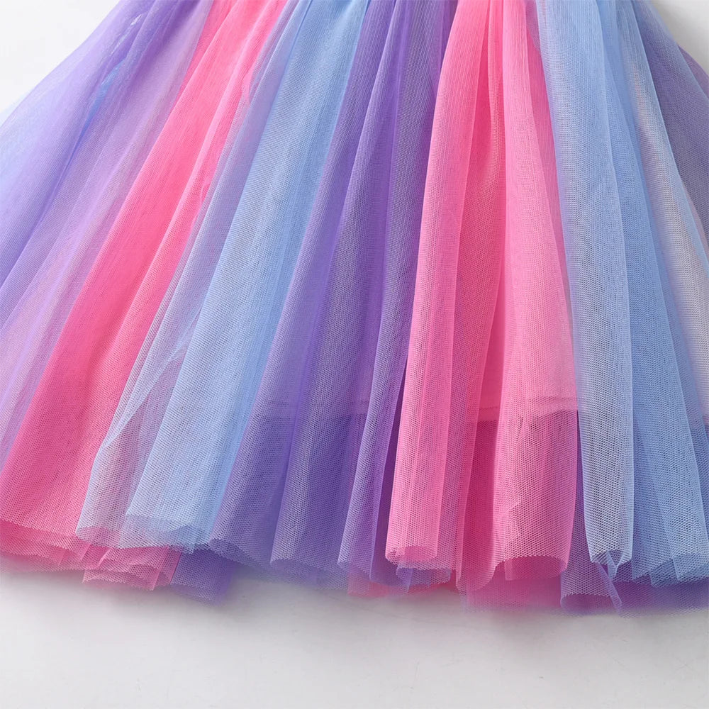 VIKITA 2025 New Kids Party Princess Dress Girls Unicorn Heart Shape Long Sleeve Spring Autumn Colorful Dress Toddlers Tops Wear