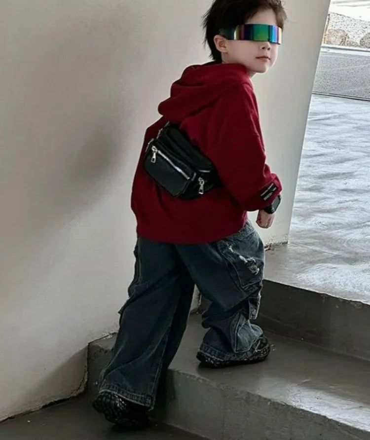 2025 New Boys' Korean-Style Printed Hooded Pullover Hoodie - Baby Autumn Winter Warm Long Sleeve Top