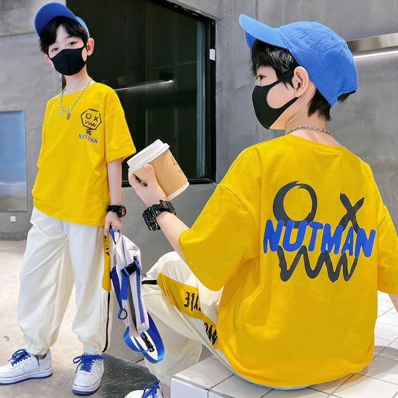 4-12 Years Teen Summer Boys Clothing Sets Fashion Letter Short Sleeve T-shirt Pants 2Pcs Suit For Kids Children Casual Outfits