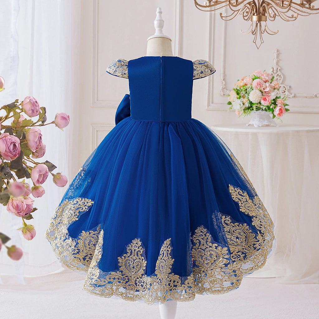 Elegant Embroidery Bow Bridesmaid Party Girls Dress Trailing Flower Wedding Birthday Princess Dresses Girl Evening Prom Vestidos