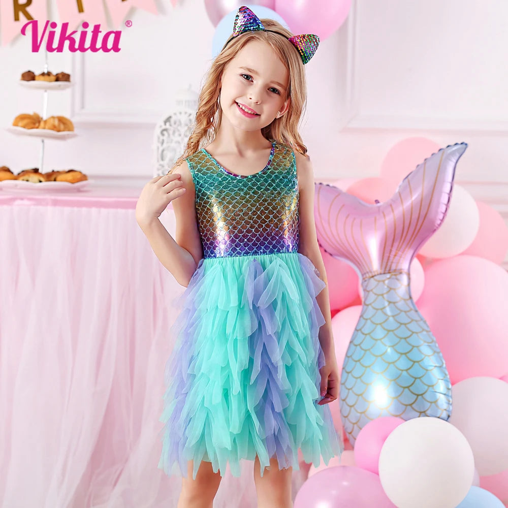 VIKITA Kids Summer Sleeveless Dresses Girls Mermaid Dress Girls Birthday Party Tutu Mesh Mesh Layered Dresses Kids Clothes 3-8Y