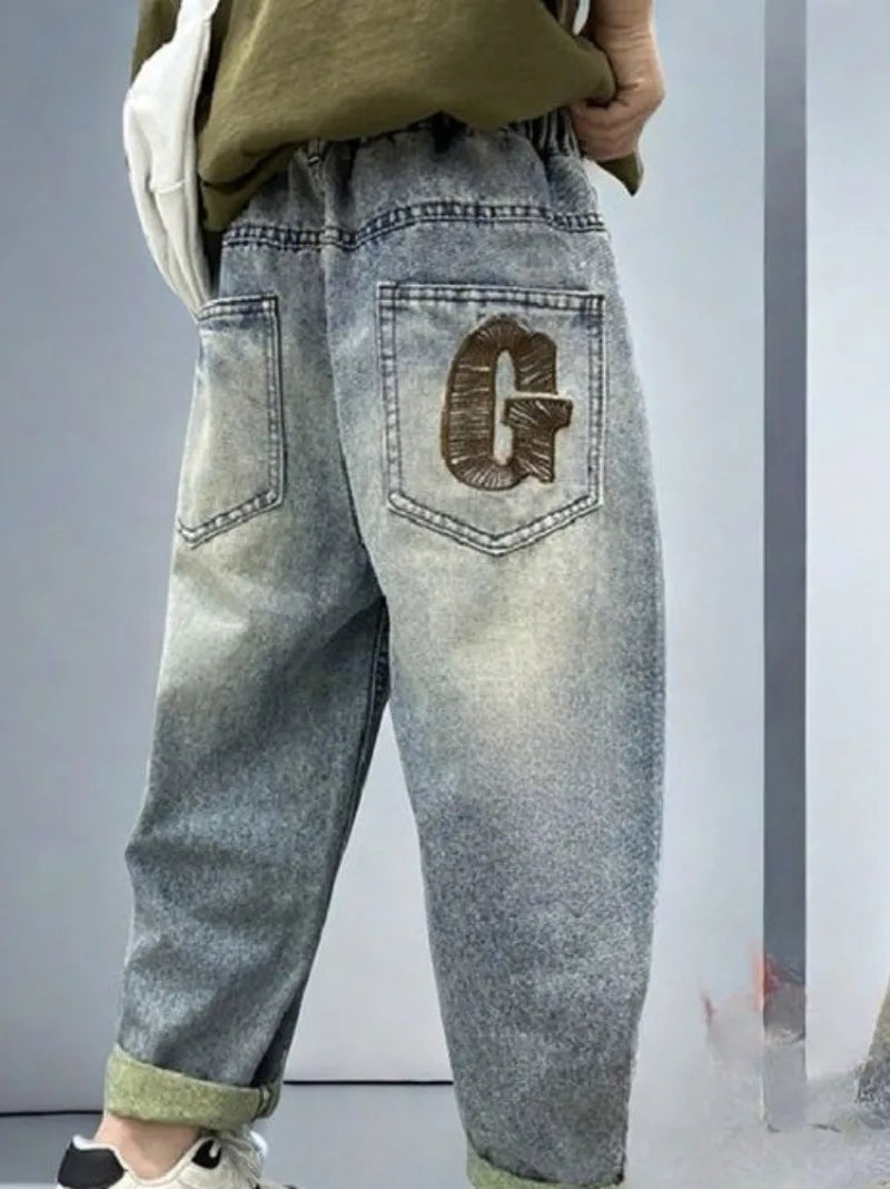 Kids Boys Thickened Winter Jeans Loose Fleece-Lined Long Pants Casual Stylish Warmth