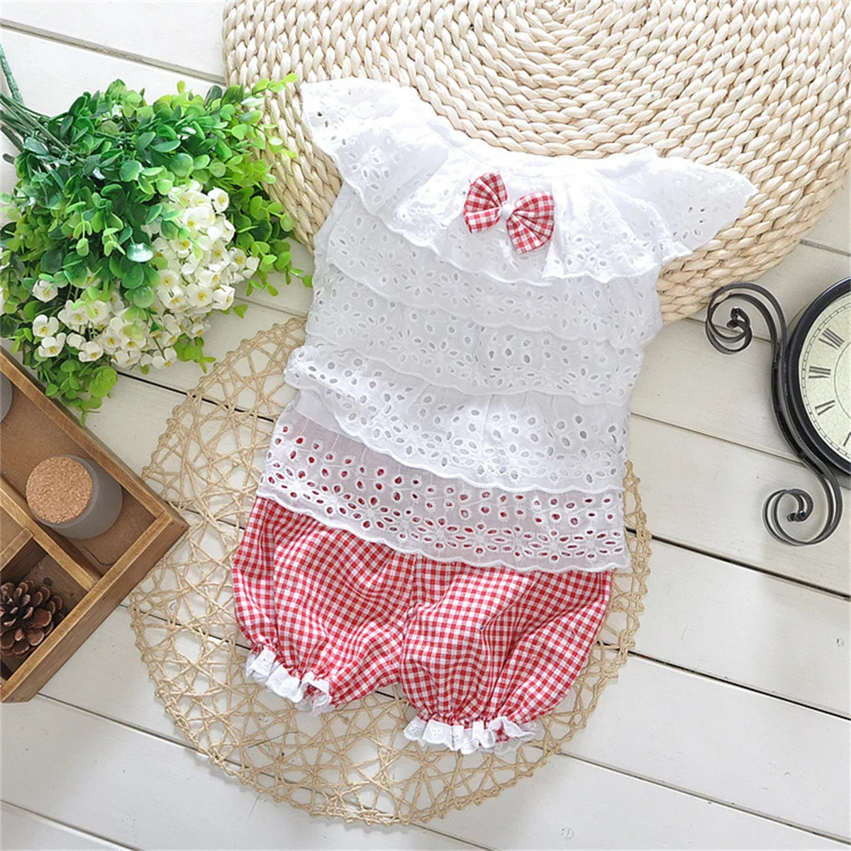 Summer 2/piece Set for Girls Top and Pants Baby Girl Lace Sleeveless Top Plaid Shorts Children's Clothing Set
