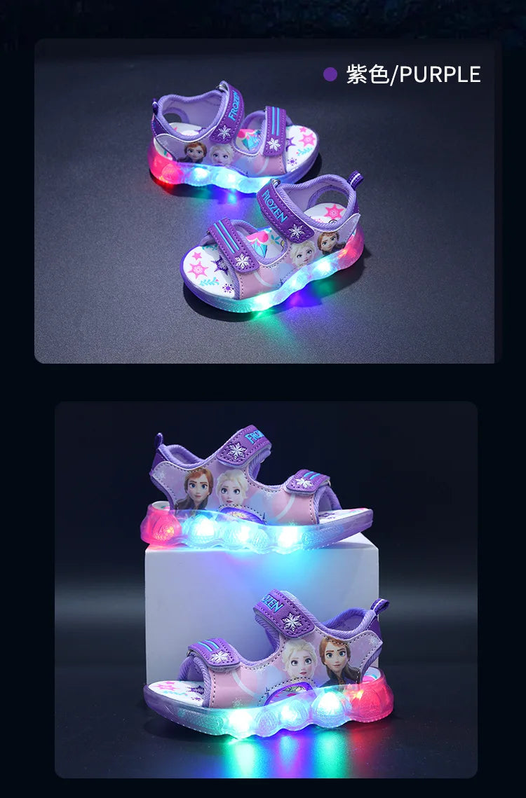 Disney Boys Girls Frozen Elsa Princess Led Light Up Luminous Sports Sandals Summer Kids Sandals Non-slip Toddler Shoes Size 21-3