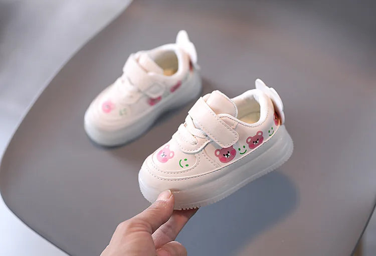 Disney LED Casual Sneakers For Spring Outdoor Cartoon Shoes Children Lighted Non-slip PU Leather Bear White Shoes Size 21-30