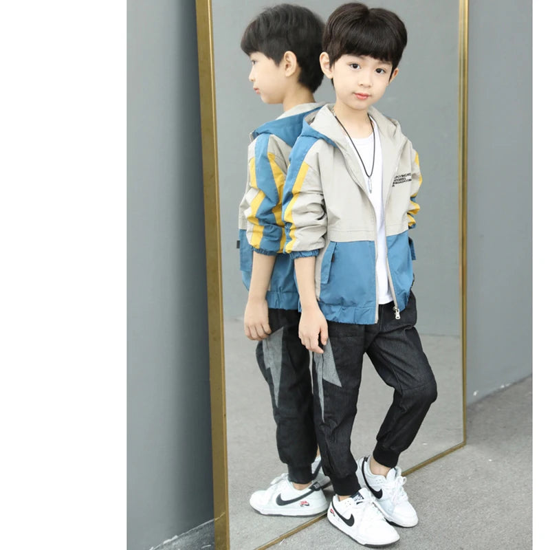 New Handsome Teenager Boys Hoodies Fashion Splicing Style Coat For Kids 3-12 Years Children Windbreaker Jacket