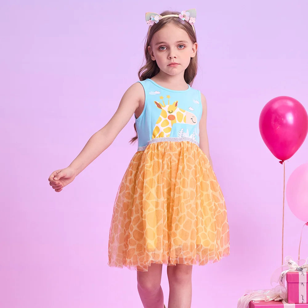 VIKITA Girls Sleeveless Summer Patchwork Dress Kids Giraffe Cartoon Print Infantil Vestidos Kids Mesh Tulle Party Casual Dresses