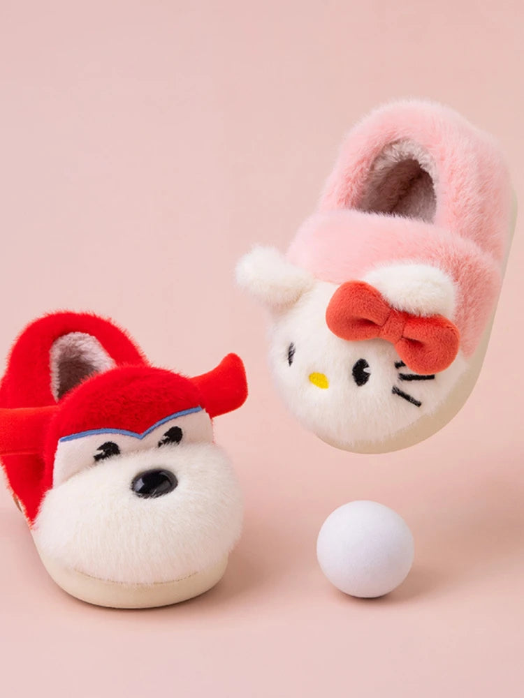 Kids'Slippers House Shoes Cartoon Hello Kitty Winter Shoes For Children Warm Cotton Fur Anti-slip White Pink Shoes Size13cm-18cm