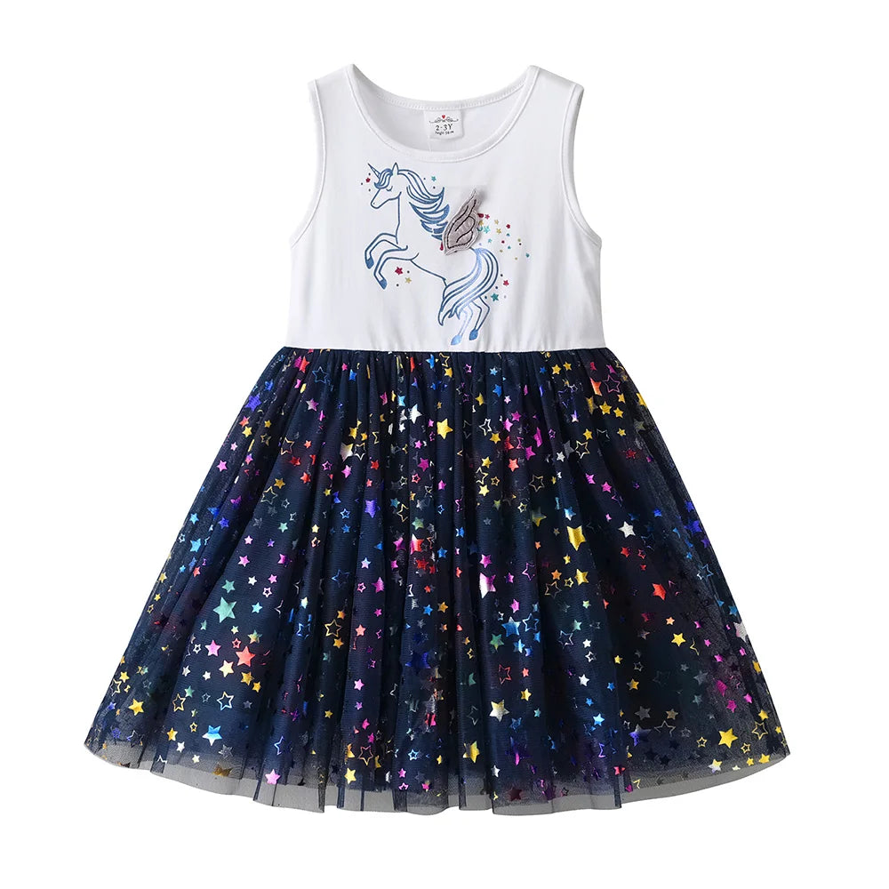VIKITA Girls Sleeveless Summer Navy Blue Dress Toddlers Patchwork Fashion Cute Licorne Star Shiny Mesh Vacation Dresses 7-12 Yrs