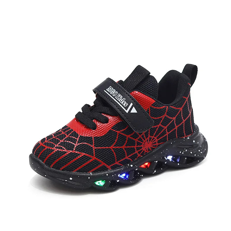 Disney LED Casual Sneakers Spider-Man Red Black For Spring Boys Mesh Outdoor Shoes Children Lighted Non-slip Shoes Size 21-30