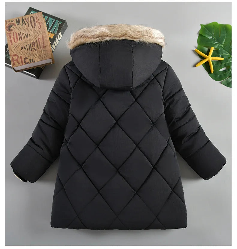 New Winter Boys Jacket Long Style Letter Print Thick Warm Hooded Coat Fur Collar Down Cotton Outerwear For 4-10 Years Kids