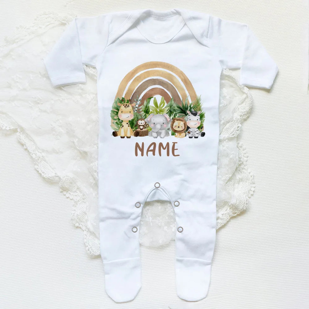 Personalised Forest Animal Rainbow Babygrow Sleepsuit Custom Name Infant Sleepsuit Baby Coming Home Outfit Newbron Shower Gift