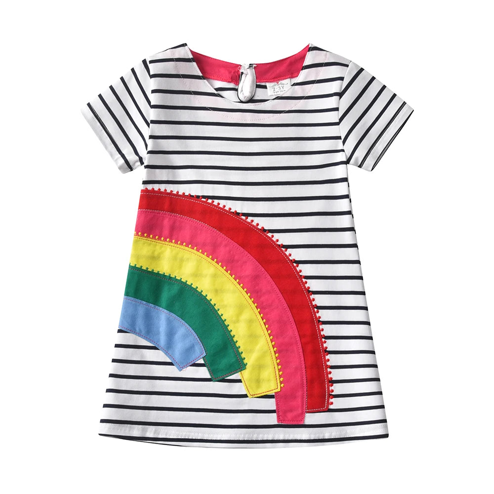 VIKITA Girl Short Sleeve Striped Dress for Summer Kids Rainbow Appliqued Cotton Casual Daily Cozy Straight Vestidos Kids Clothes