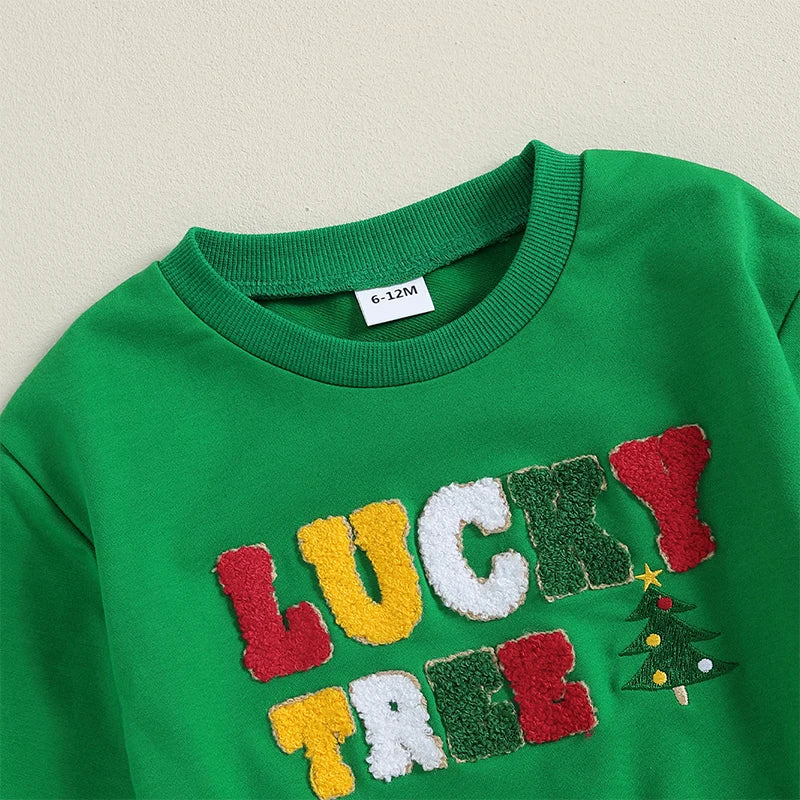 Toddler Boy Girl Winter Christmas Tree Print Long Sleeve Round Neck Sweatshirt and Pants Outfit Set with Letter Embroidery