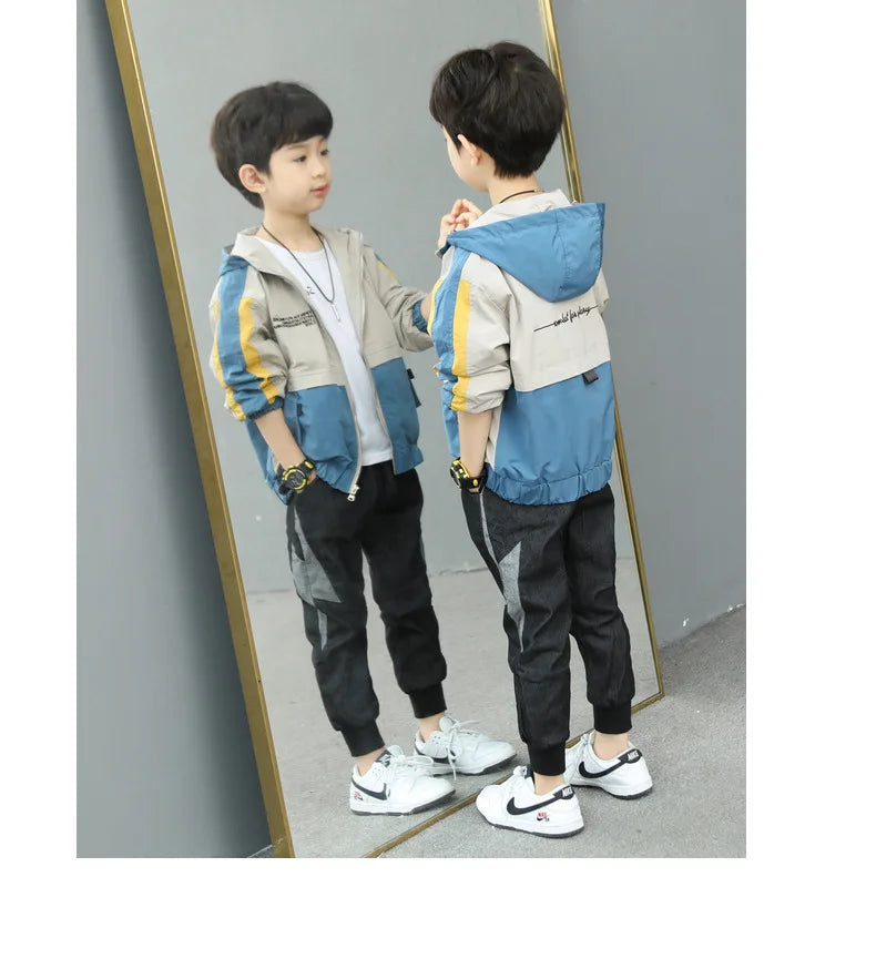 New Handsome Teenager Boys Hoodies Fashion Splicing Style Coat For Kids 3-12 Years Children Windbreaker Jacket