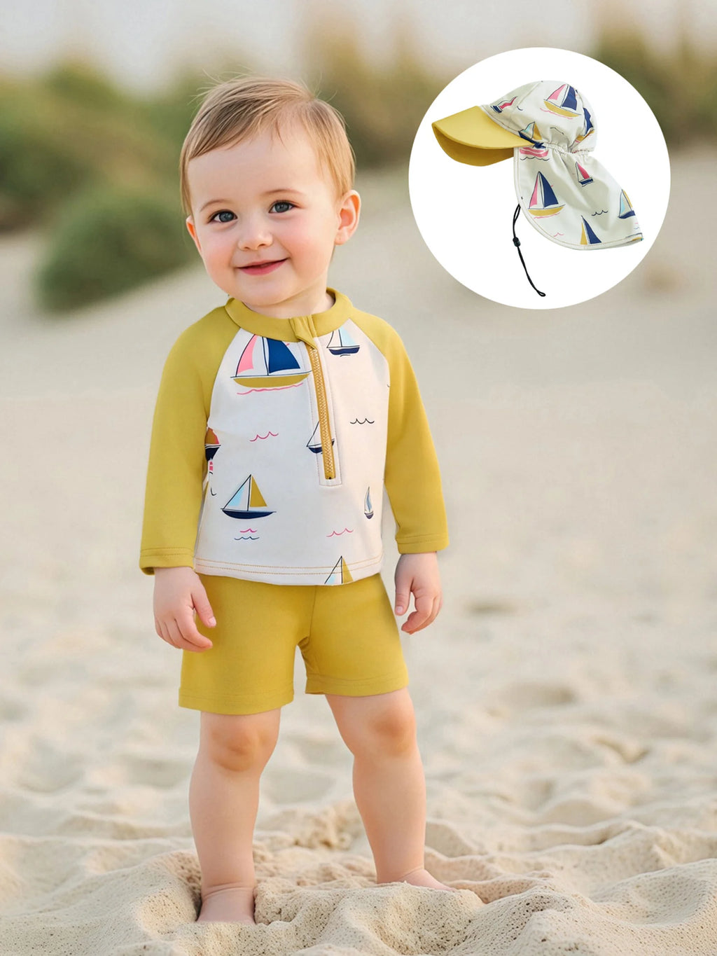 Boys Rash Guard Swimsuit Set with Shark Print Long Sleeve Zipper Tops Solid Shorts and Swim Hat 3 Pcs Outfits for Beach Fun