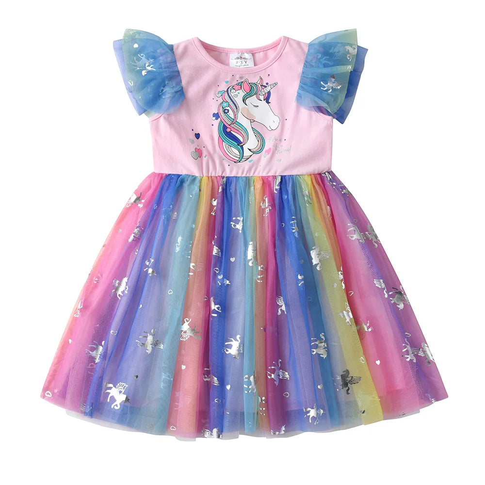 VIKITA Girls Tutu Dress Toddlers Summer Flare Sleeve Princess Dresses Girl Unicorn Cartoon Party Layered Dress Children Clothing