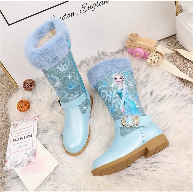 Disney Girls' Leather Boots Winter Cartoon Frozen Boots Zipper High Plush Princess Elsa Boots Warm Children's Boots Size 25-36