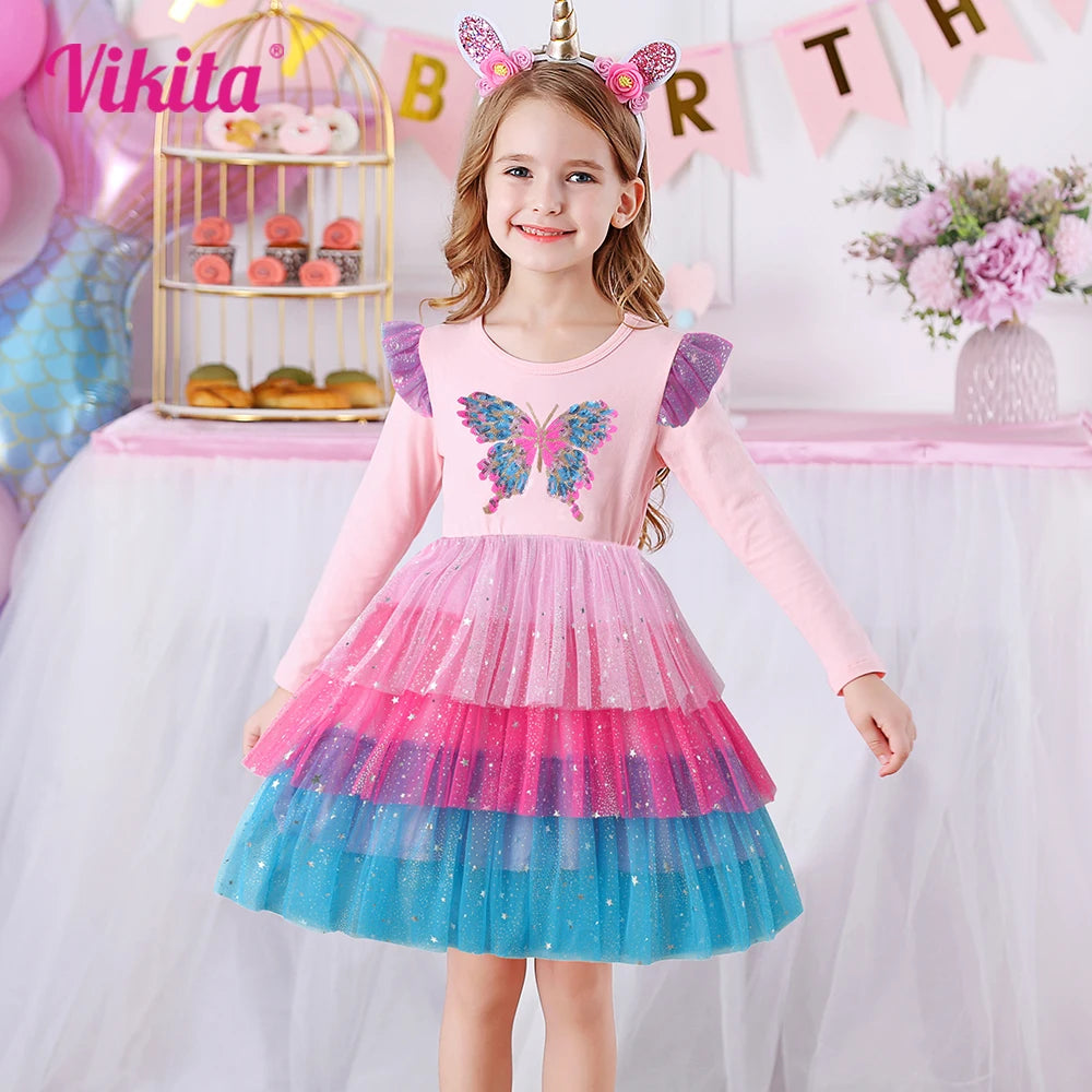 VIKITA Girls Butterfly Sequined Appliqued Long Sleeve Dress Kids Birthday Party Performance Prom Gown Shiny Princess Dresses