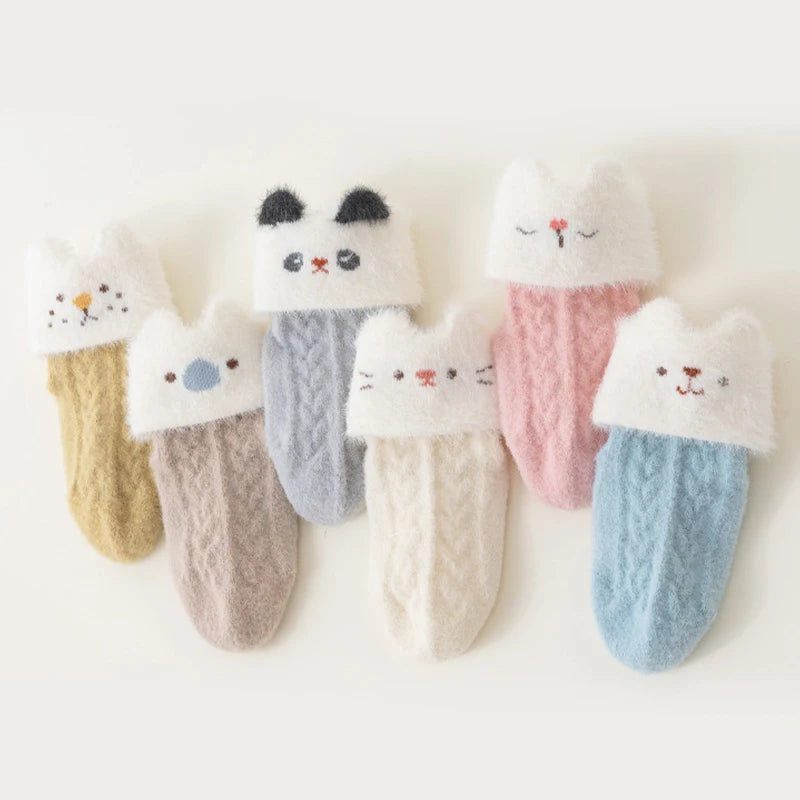 3/6 Pairs Children'S Socks Solid Color Cartoon Kids Mid-Tube Socks Winter Warmth Newborn Socks For Boys And Girls