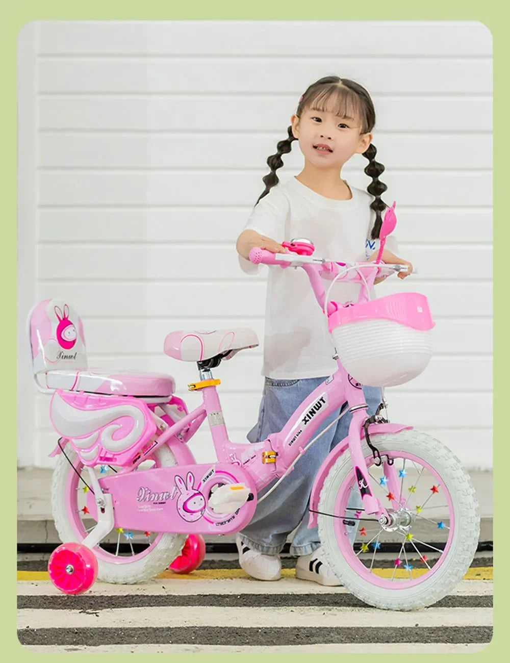 Folding Children's Bicycle Cute Cartoon Princess Girls Bike with Training Wheels Doll Seat & Basket Kids Boys Cycle Bikes (Pink)
