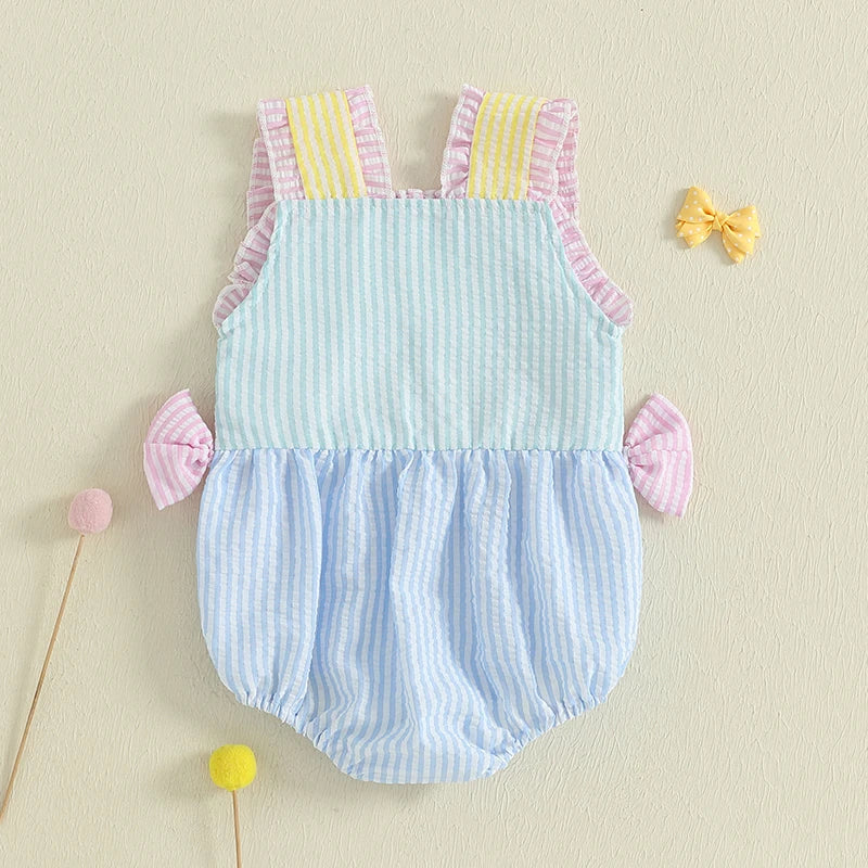 Adorable Toddler Floral Print Sleeveless Romper with Ruffled Trim and Bow Detail Cute Baby Girl Summer Jumpsuit