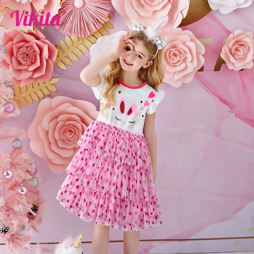 VIKITA Kids Rabbit Cartoon Print Dress Kids Heart Shape Dresses Girls Summer Flare Sleeve Vestidos Girls Layered Princess Dress