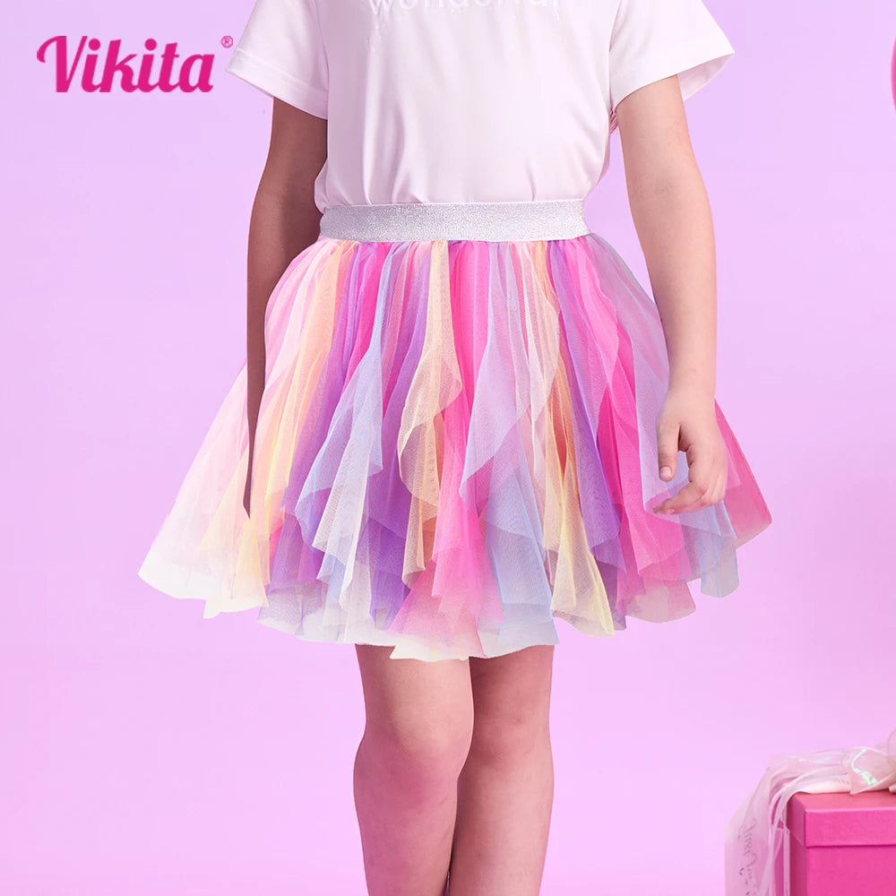 VIKITA Girls Rainbow Ballet Mini Skirt Kids Colorful Party Tutu Toddler Irregular Layered Performance Dance Mesh Skirt Outfit
