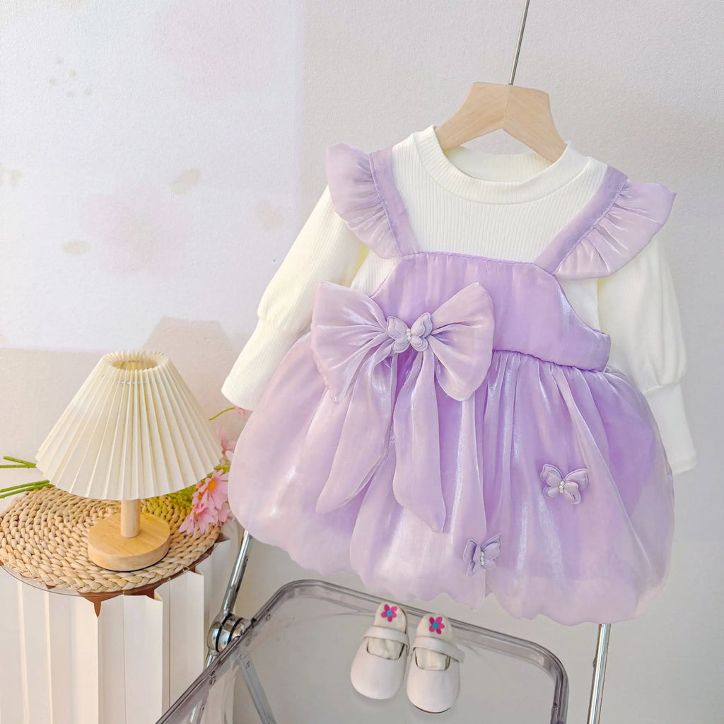 Sweet Bow Baby Girl Princess Dress, Spring And Autumn New Fake Two-Piece Long Sleeved Children'S Clothing For Babies Aged 0-3