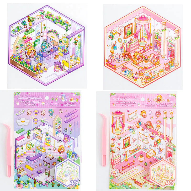 DIY 3D Sticker+Tweezers Cartoon Pocket Princess Room Scene Stacking and Pasting Festival Birthday Gift for Kid Child Student