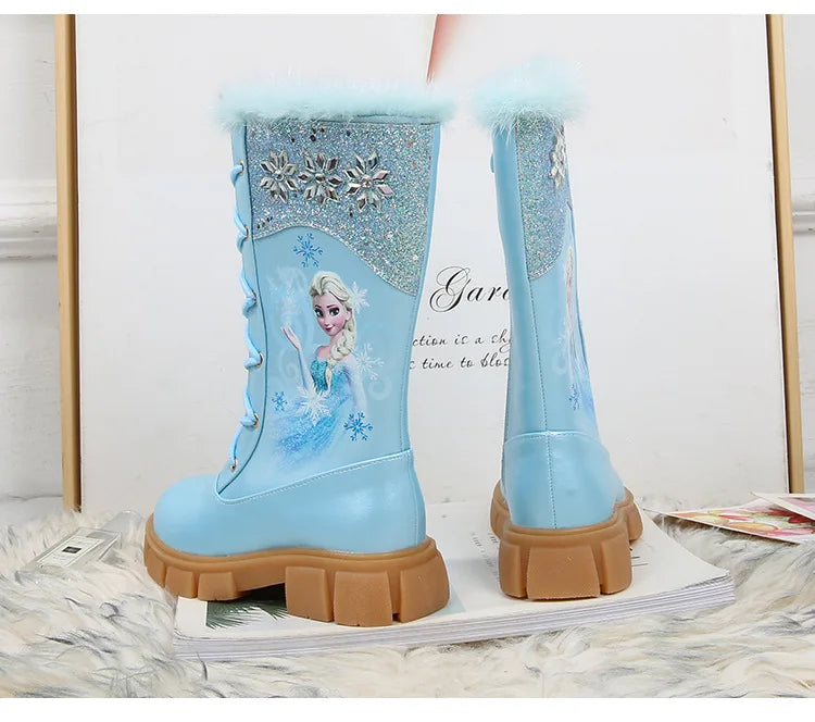 Disney Girls' Princess Elsa Frozen Boots Children's Long Sleeve Boots Women's Cotton Winter Plush Thickened High Sleeve Boots