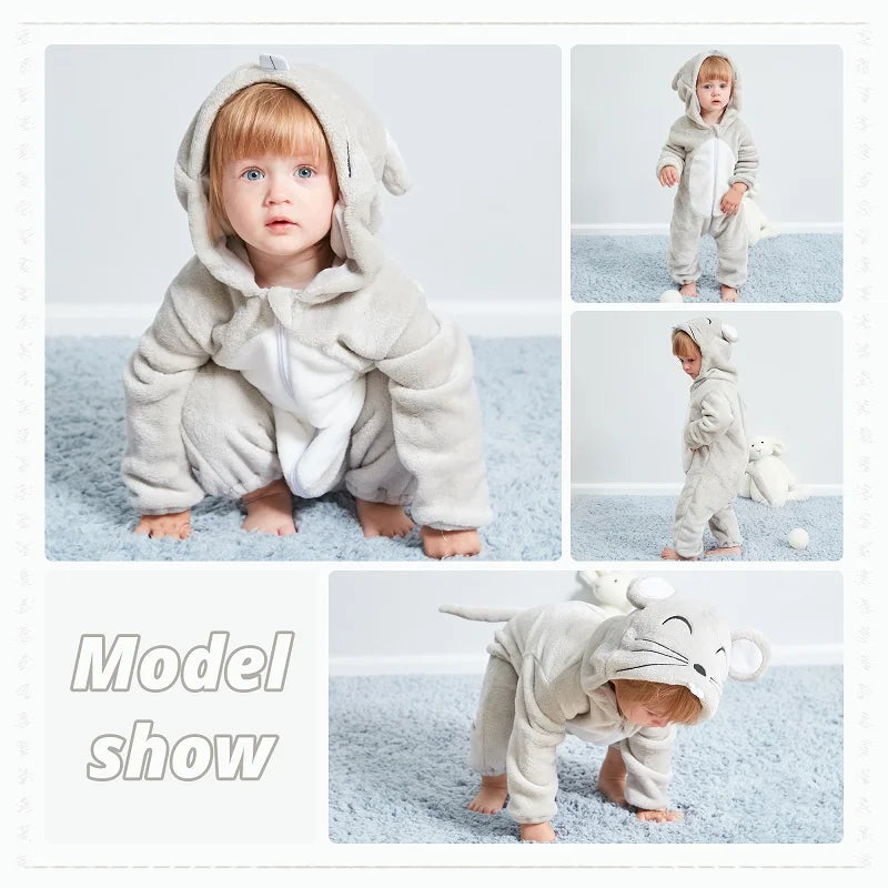MICHLEY Halloween Costume Infant Baby Clothes Rompers Winter Flannel Hooded Bodysuits Pajamas Animals Overall Jumpsuit For Bebe
