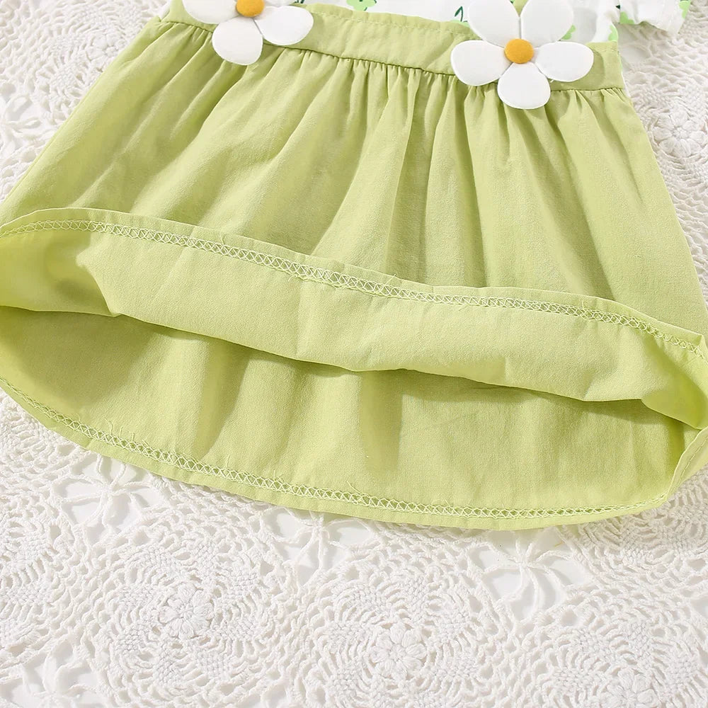 (0-3 Years Old) Summer Baby Girl Cotton Flower Fake Two-Piece Shoulder Strap Dress Girl Cute Short Sleeved Dress
