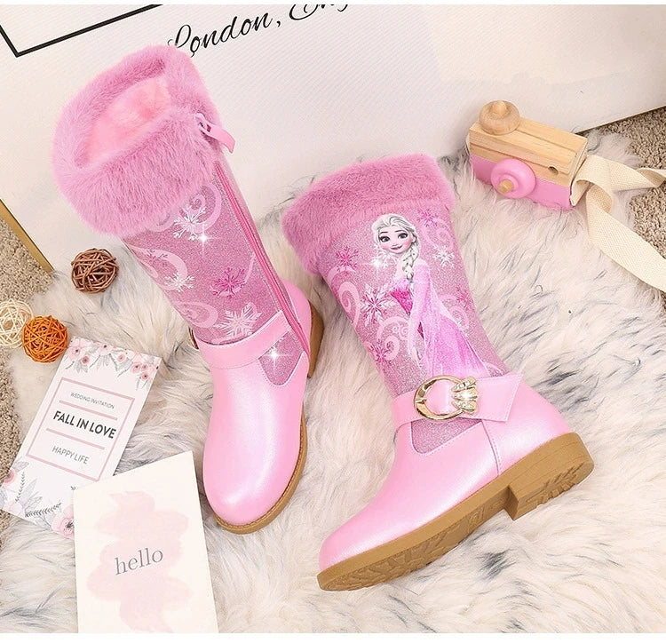 Disney Girls' Leather Boots Winter Cartoon Frozen Boots Zipper High Plush Princess Elsa Boots Warm Children's Boots Size 25-36