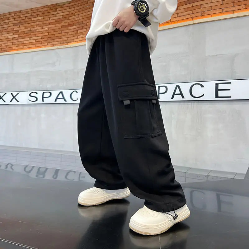 2025 New Boys Autumn Winter Fleece-Lined Sports Cargo Pants, Big Boy Streetwear Trends, Warmth & Comfort