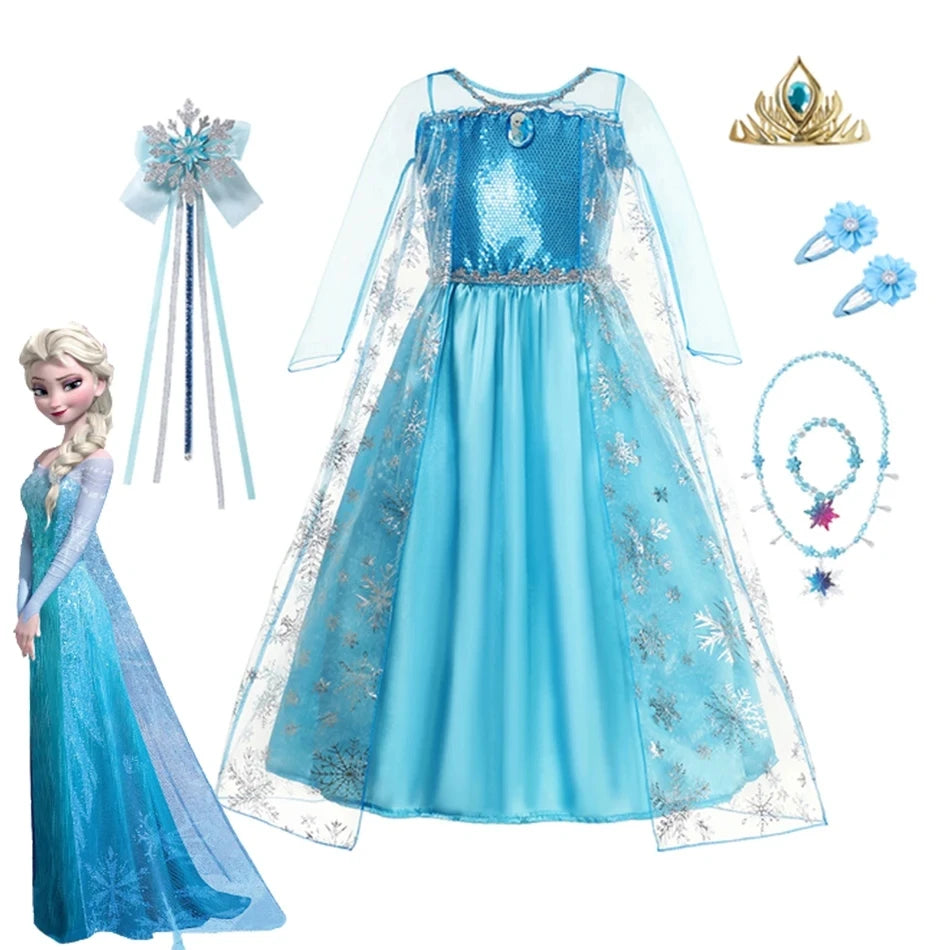 Girls Snow Queen Elsa Anna Kids Costumes For Girls 2024 Carnival Party Prom Gown Children Clothing Frozen Jasmine Princess Dress