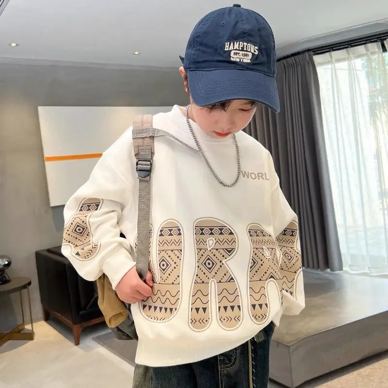 Boys' Medium-Large 2025 New Spring/Autumn Trendy No Hood Layering Top Sweatshirt
