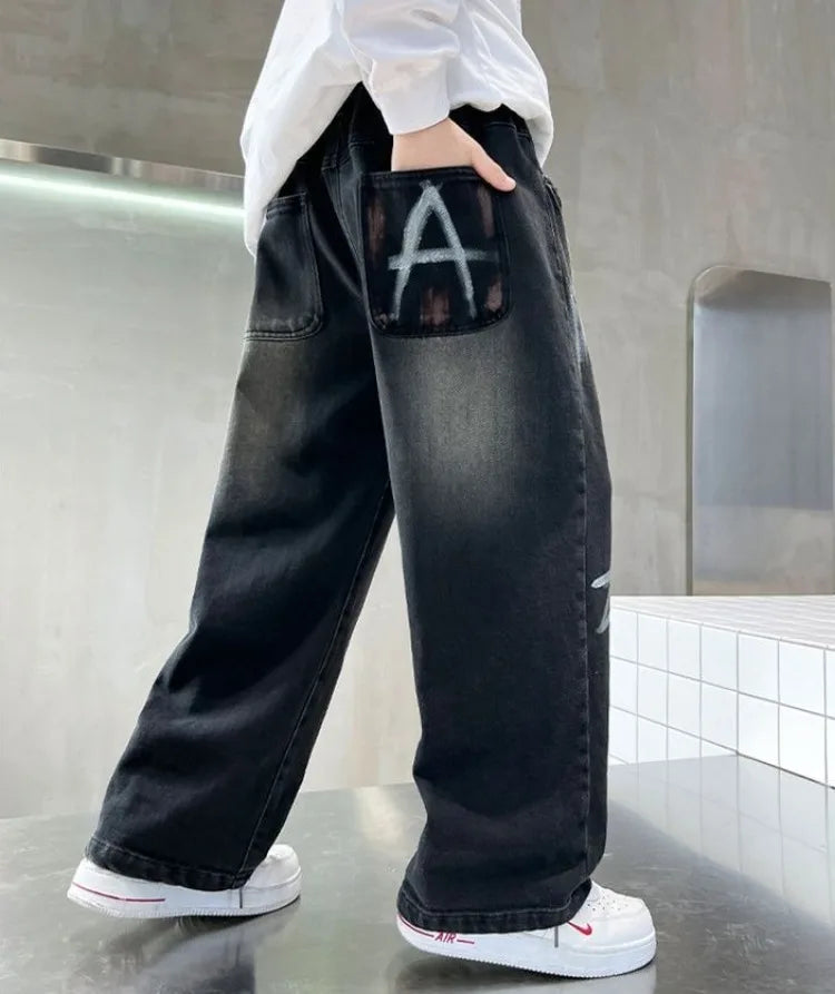Boys' Trendy Streetwear Jeans for Spring/Fall - Loose Fit Straight-Leg Wide-Leg Denim Pants for Boys 8-14