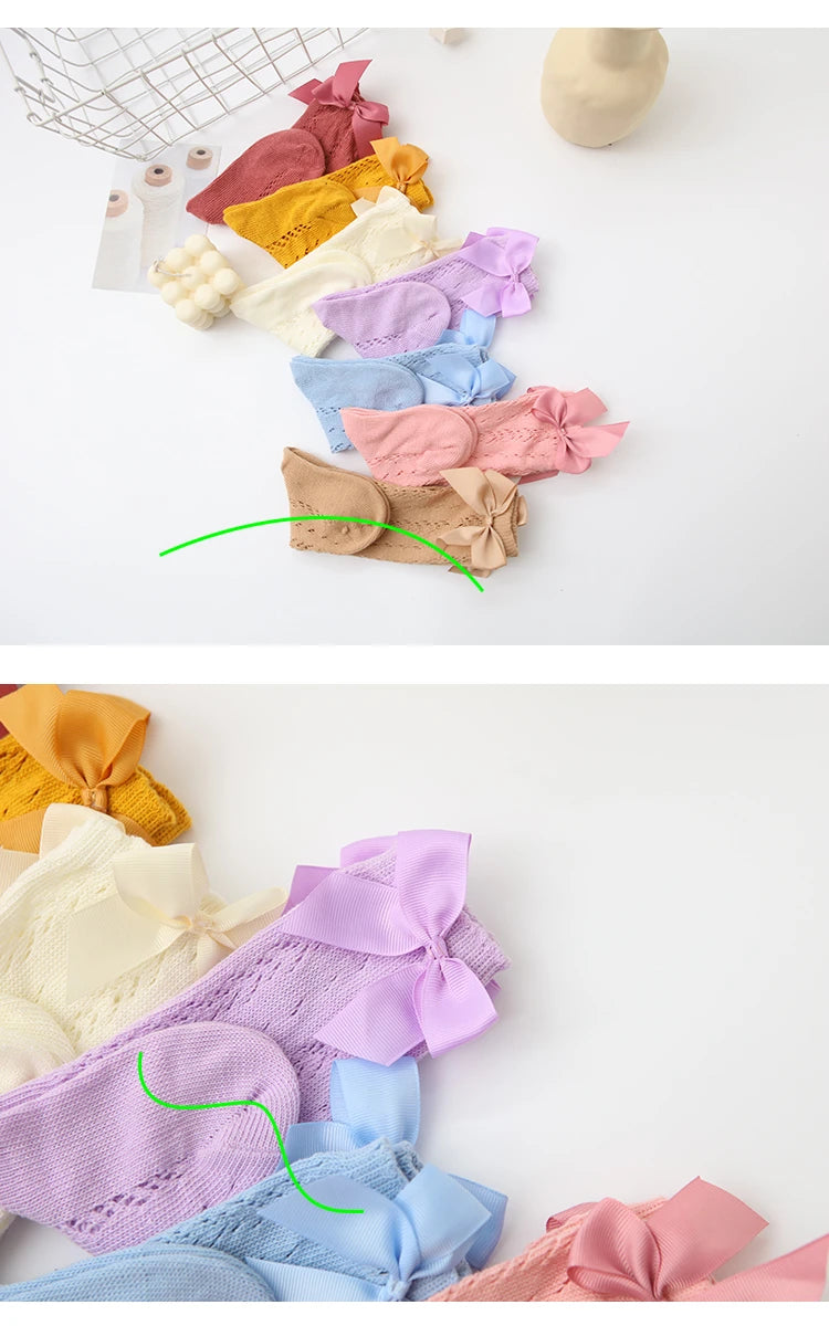 1 Pairs Summer Bow Baby Girls Socks Toddler Long Sock Infant Knee High Cotton Mesh Spanish Style Breathable Socks For 0-8Years