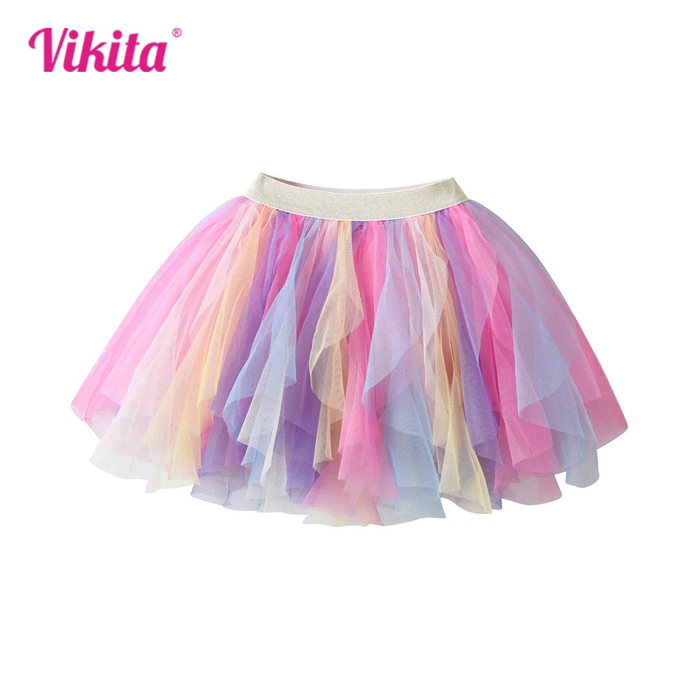 VIKITA Girls Rainbow Ballet Mini Skirt Kids Colorful Party Tutu Toddler Irregular Layered Performance Dance Mesh Skirt Outfit