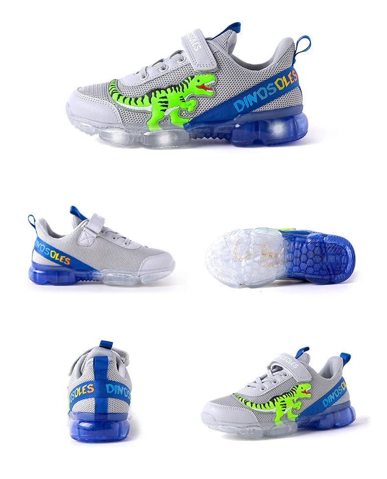 EXDINO T-REX LED 2-9Y Boys Spring Autumn Mesh Tennis Shoes Glowing Children's Kids Flashing Jelly Sole Light Up Casual Sneakers