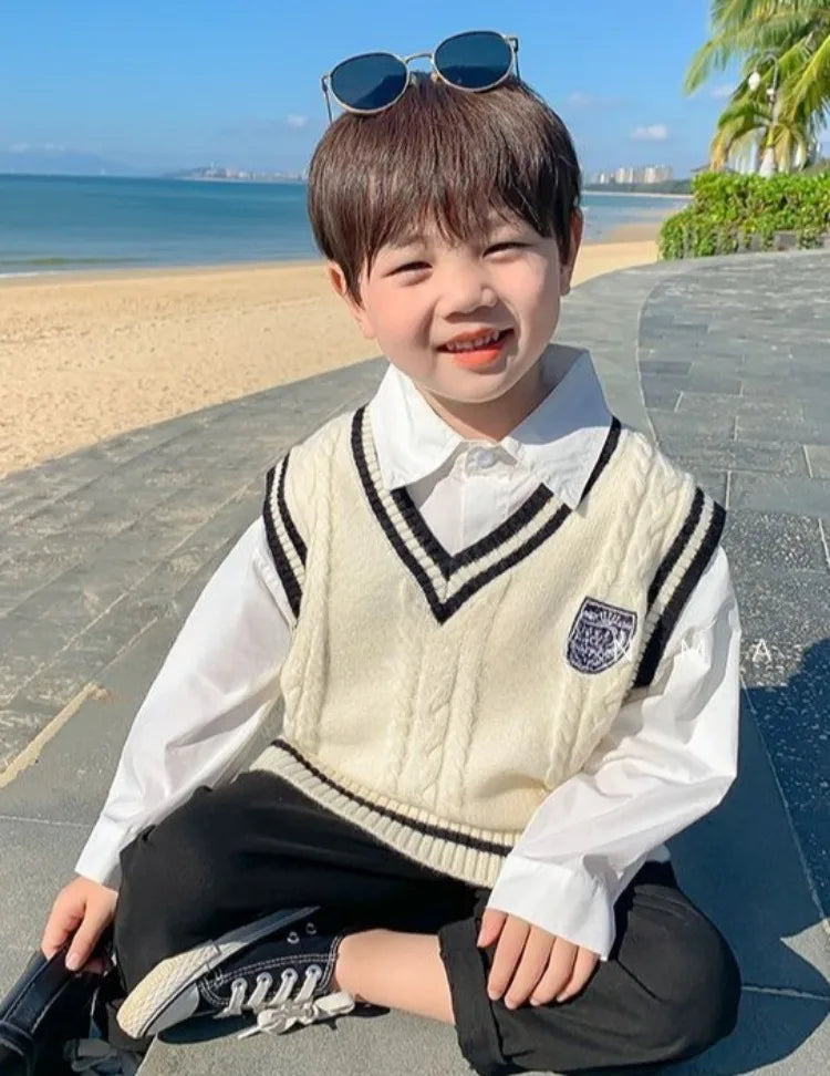 Boys' Knit Vest 2025 Spring Autumn New Preppy Style Kids' Outerwear Trendy Baby Boy Vest for School Casual Wear