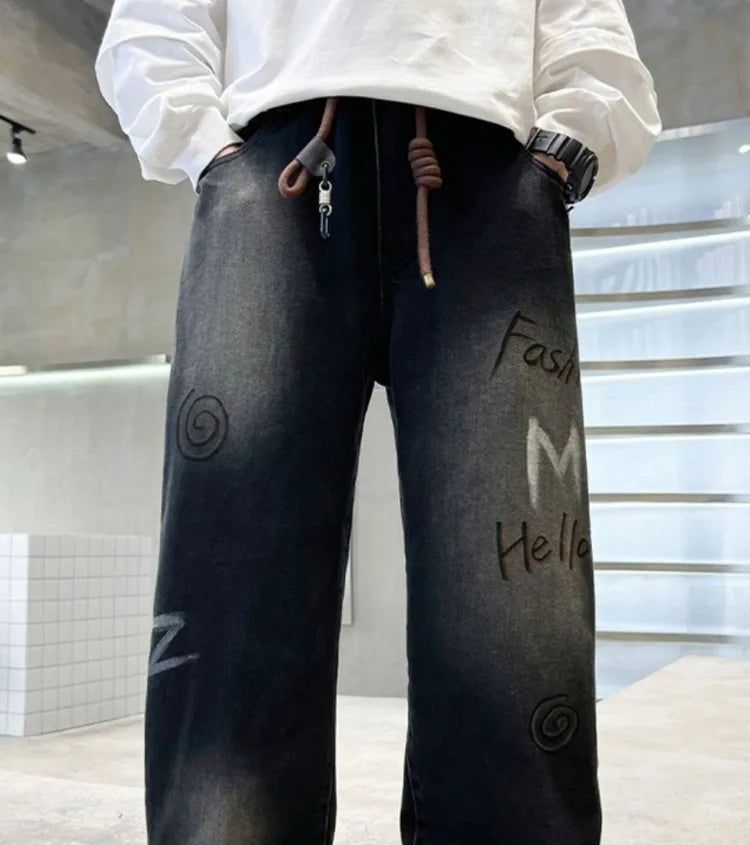 Boys' Trendy Streetwear Jeans for Spring/Fall - Loose Fit Straight-Leg Wide-Leg Denim Pants for Boys 8-14
