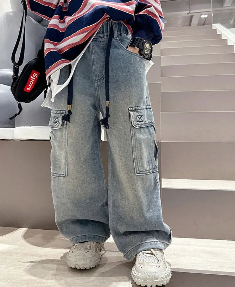 2025 Spring Autumn New Boys Loose Straight Jeans Lightweight Casual Pants for Tween Boys - Premium Denim Straight Leg Long Pants