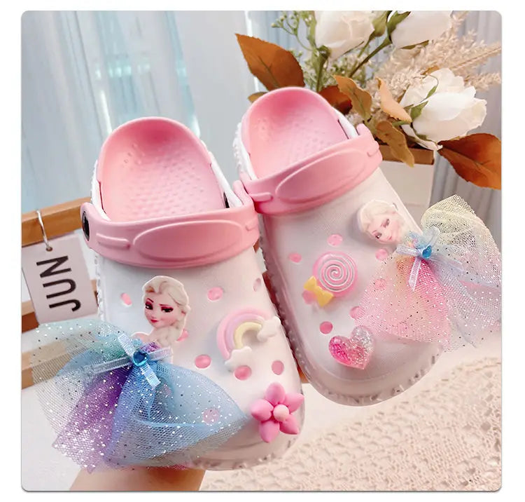 Disney Girls' Slippers Summer Princess Elsa Children's Girls Hole Shoes Summer Frozen Slippers Blue Pink Shoes Size 24-40