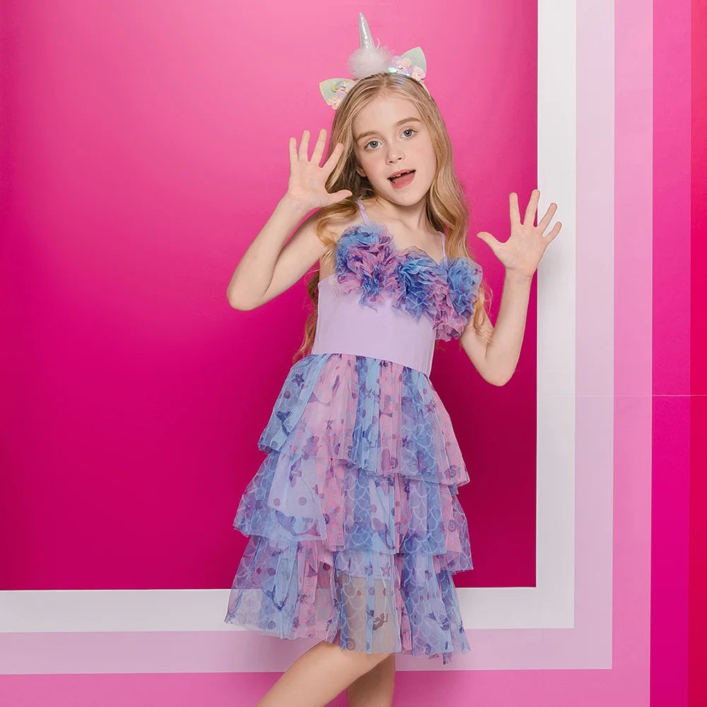 Girls Mermaid Print Tutu Dress with Tiered Tulle Skirt Kids Ruffle Colorful Ocean Starfish Print Birthday Party Performan Dress