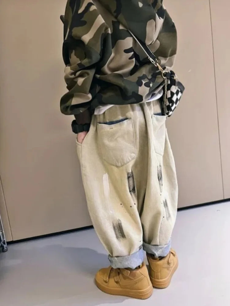 2025 Spring/Autumn Boys' Hip-Hop Long Pants, Kids' Size 12-14 Versatile Graffiti Casual Streetwear Trousers