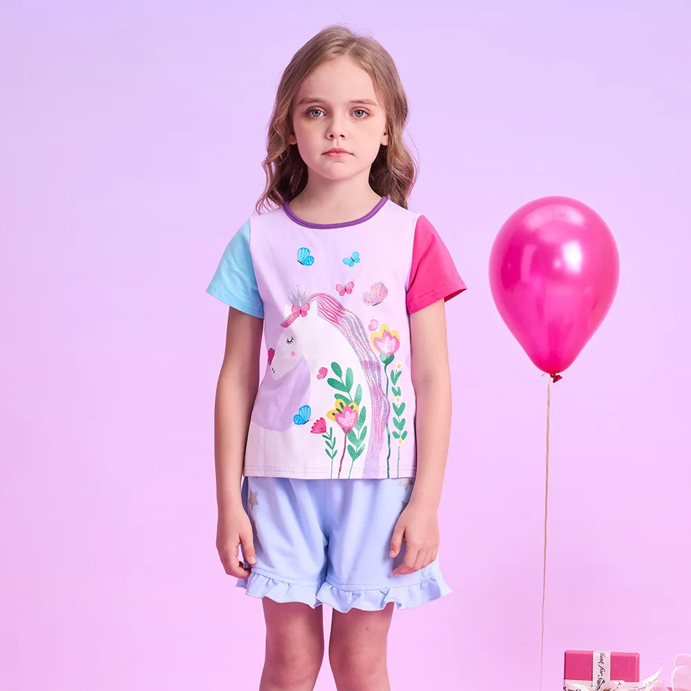 VIKITA Girls O Neck Short Sleeve Summer T Shirt Kids Unicorn Flower Cartoon Print T Shirts Girls Daily Cotton Casual Tops Wear