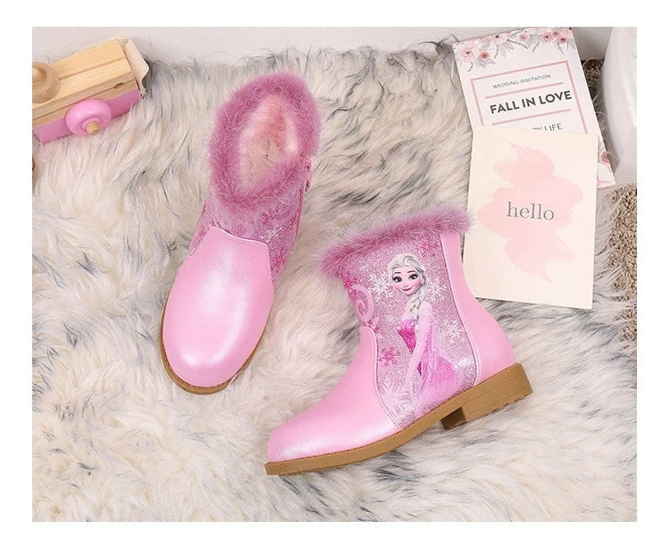 Disney Girls' Boots Winter Fashion Frozen Elsa Princess Children's Short Girls' Cotton Fur Ankle Boots Girls' Pink Shoes Size 25